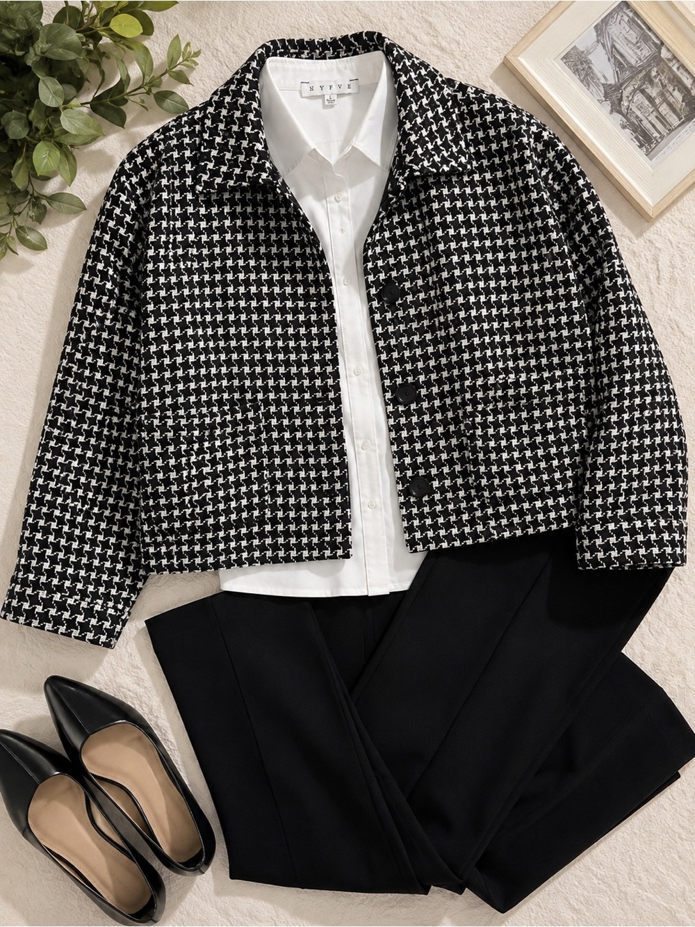 HYFVE Black and White Houndstooth Cropped Blazer